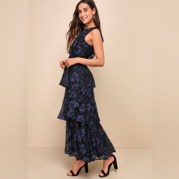 Lulus Molinetto Navy Blue Lace Ruffled Tiered Sleeveless Maxi Dress size Small - Picture 2 of 10